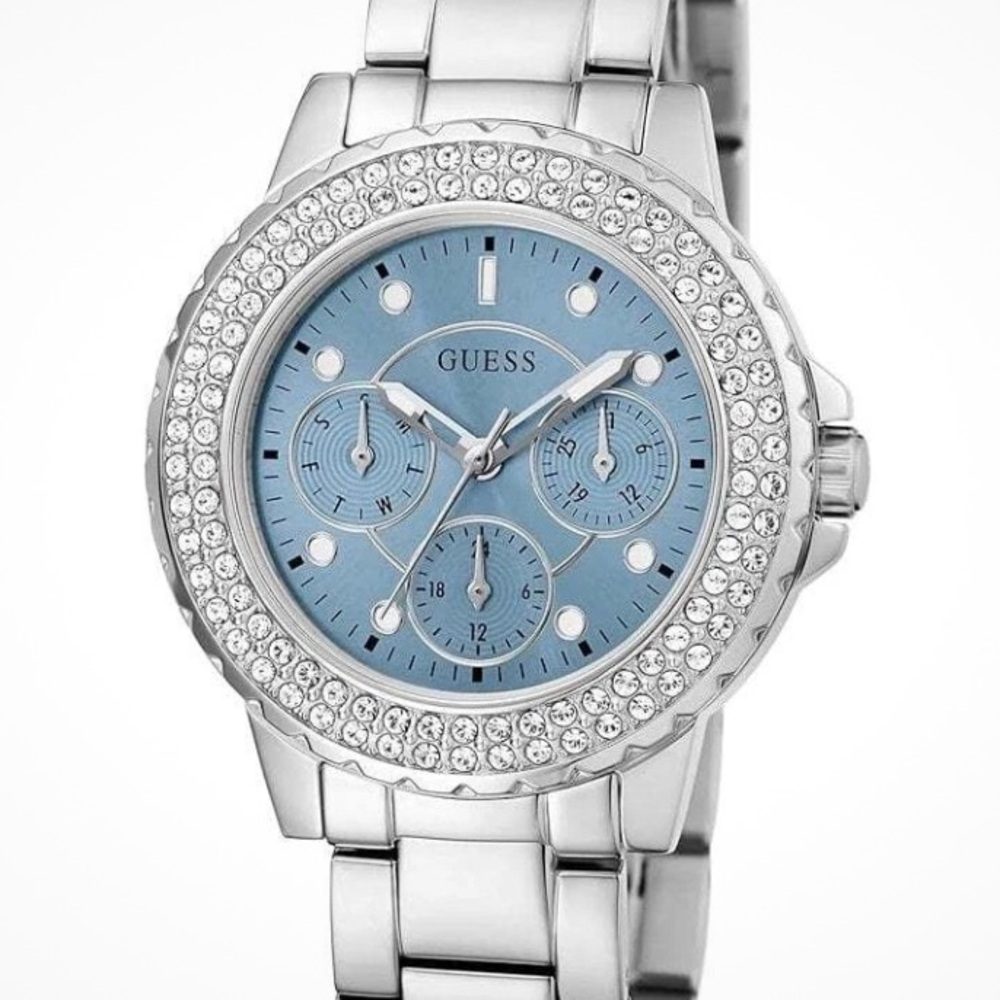 Guess Women's Silver Watch with Sparkling Blue Dial